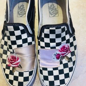 Vans Women's Black and White Checkered Slip-Ons with Pink Rose Embroidery